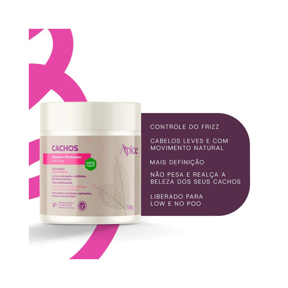 Ativador e Modelador Apice Cachos Anti-Frizz 500g com destaque para controle do frizz e definição dos cachos